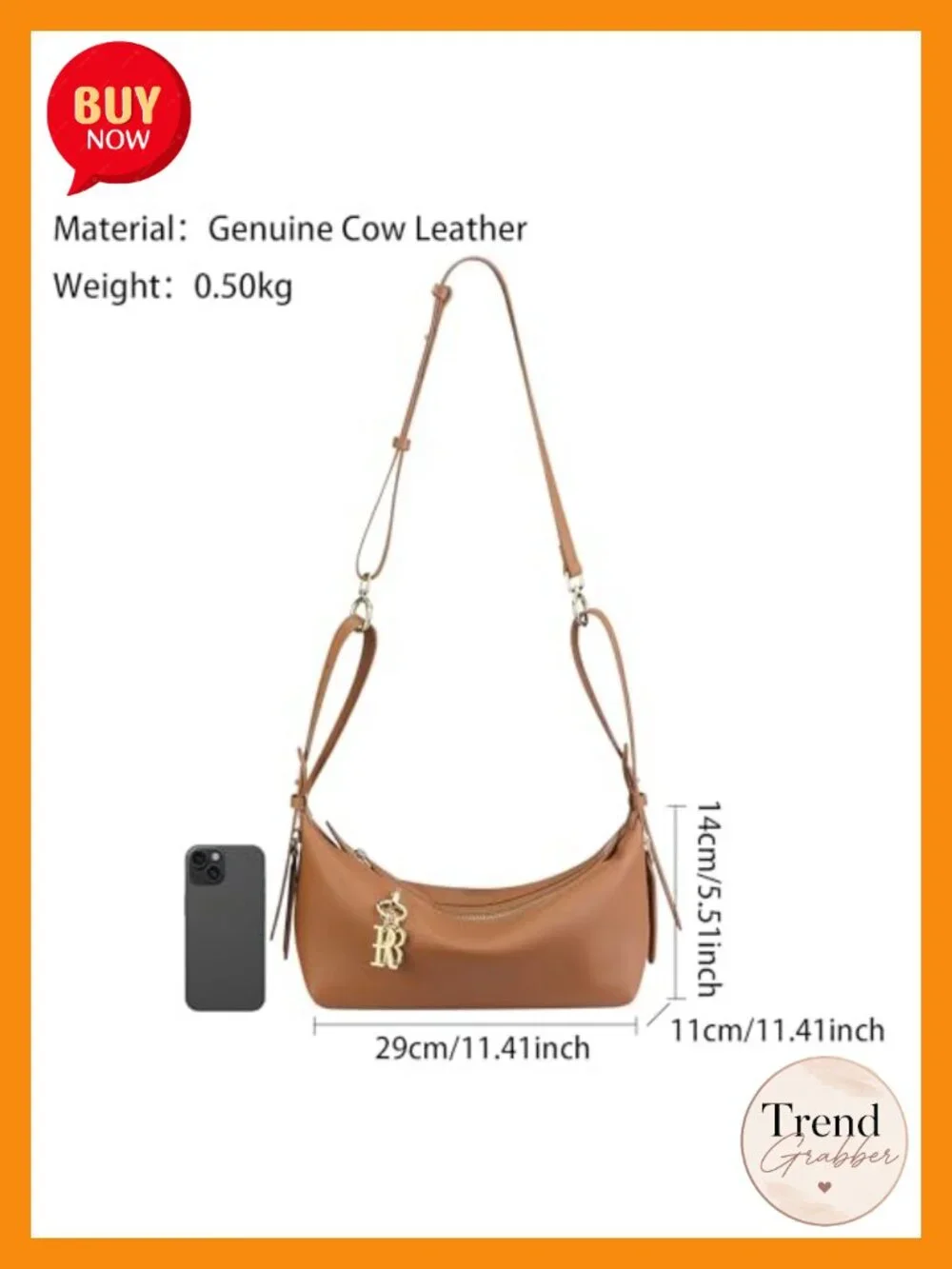 Genuine Cow Leather Crossbody Bag - Adjustable Strap Shoulder Purse